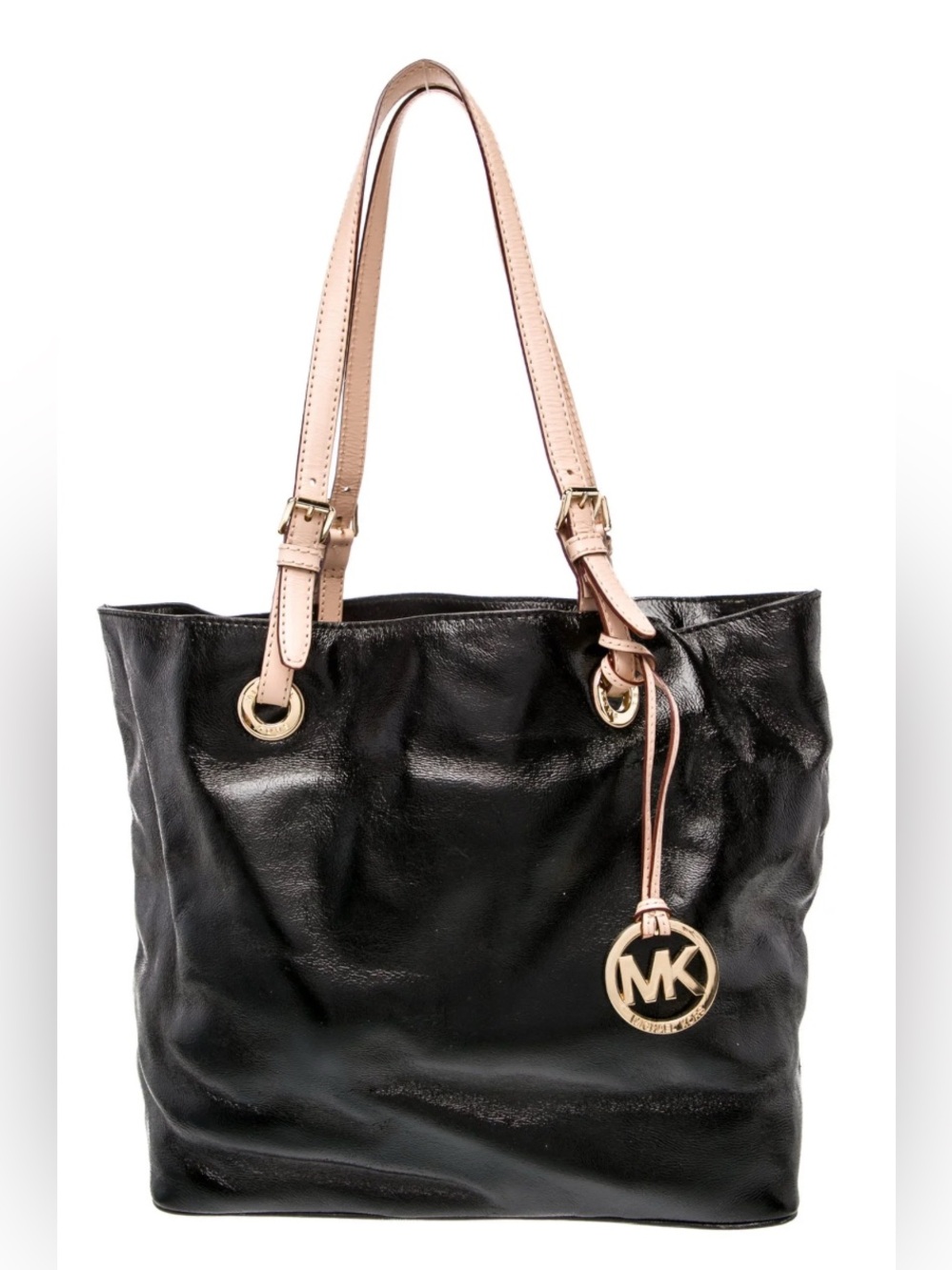 Michael Kors black patent leather purse with gold hardware & tan straps
